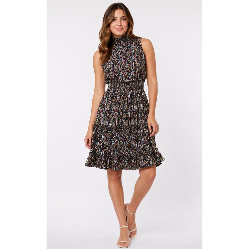 Sam and Jess Sleeveless Smocked Mock Neck Tiered Midi Dress Abstract Dot PM